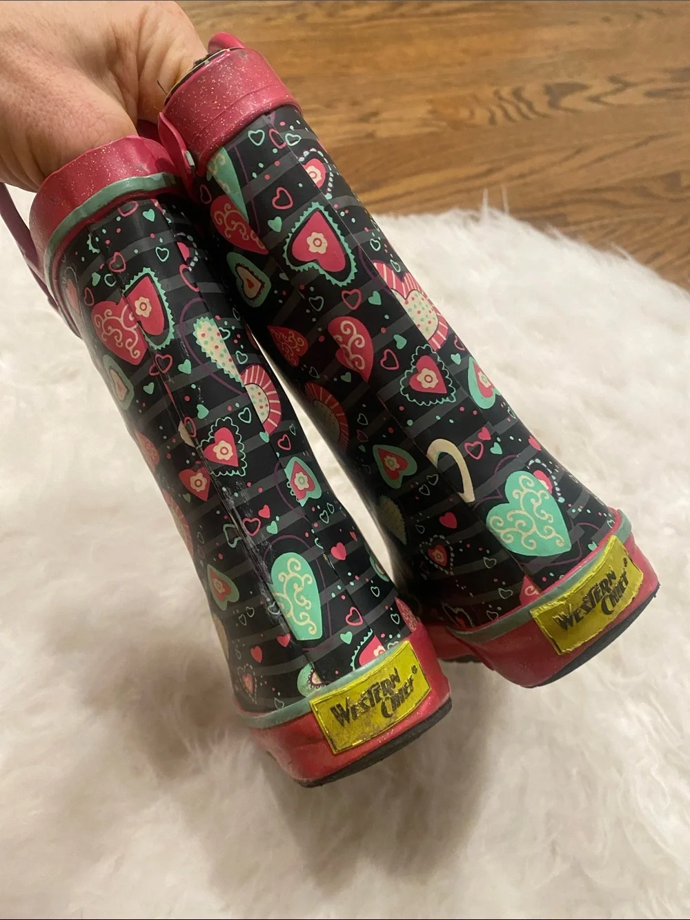 Western Chief Kids Heart-Pattern Rain Boots in Pink, Black & Teal